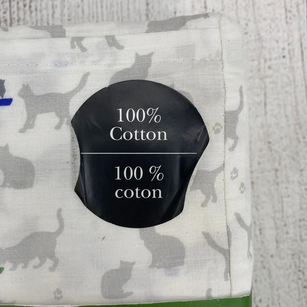 Kate Spade Sheet Set Full Grey White Cat Print 100% Cotton Animal Feline Pet